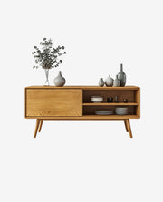 Wooden TV Stand with Cabinets and Storage Shelf