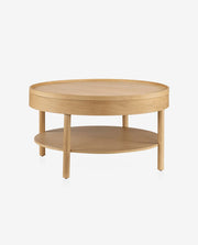 Round Wooden Coffee Table with Carved Pedestal
