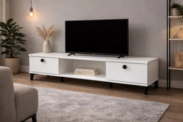 King TV Stand with Smooth Drop-Down Doors & Matte Black Legs