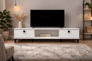 King TV Stand with Smooth Drop-Down Doors & Matte Black Legs