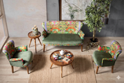 Ethnic Patterned Velvet Bistro Sofa Set with Solid Walnut Legs – Forest Green