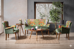 Ethnic Patterned Velvet Bistro Sofa Set with Solid Walnut Legs – Forest Green