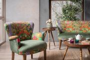 Ethnic Patterned Velvet Bistro Sofa Set with Solid Walnut Legs – Forest Green