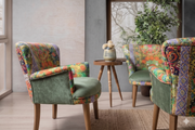 Ethnic Patterned Velvet Bistro Sofa Set with Solid Walnut Legs – Forest Green