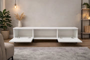King TV Stand with Smooth Drop-Down Doors & Matte Black Legs